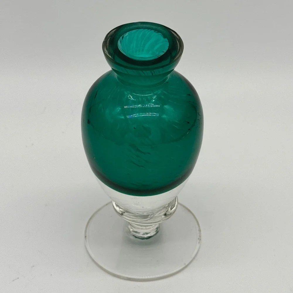 Vintage Blown Glass Bud Vase Emerald Green Clear Footed Baluster 5.5